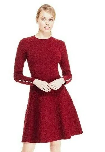 Pre-owned Pink Rose $1590 Lela Rose Stretch Textured Knit Burgundy Crimson Red Dress W Pearls M