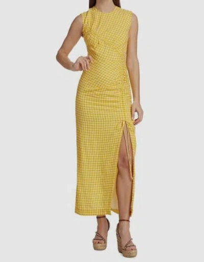 Pre-owned Pink Rose $1590 Lela Rose Women's Yellow Ruched Wool Gingham Midi-dress Size 12