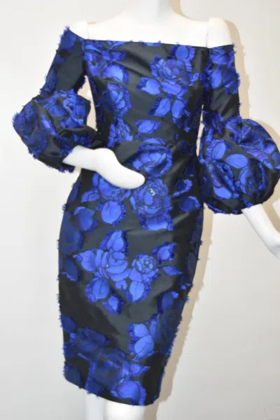 Pre-owned Pink Rose $1995 Lela Rose Off The Shoulder Floral Brocade Black Dress Sleeves 0 2 4 In Black Lapis Blue