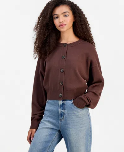 Pink Rose Juniors' Crewneck Cropped Cardigan In Cocoa