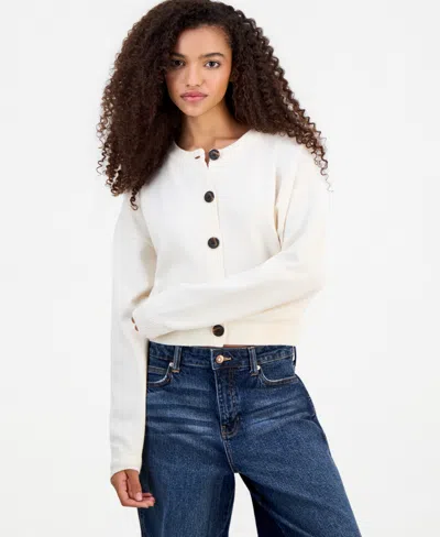 Pink Rose Juniors' Crewneck Cropped Cardigan In White