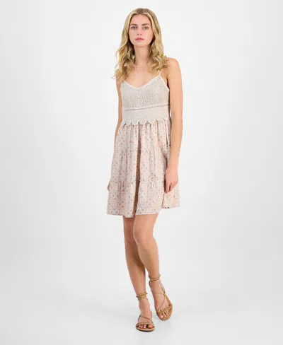 Pink Rose Juniors' Crochet-bodice Tiered Mini Dress