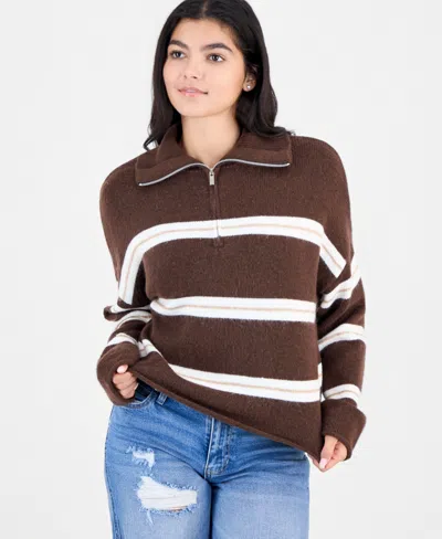 Pink Rose Juniors' Quarter-zip Mock Neck Pullover In Brown