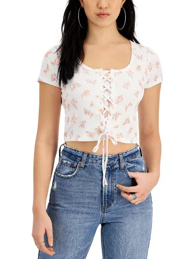 Pink Rose Juniors Womens Ribbed Floral Cropped In White
