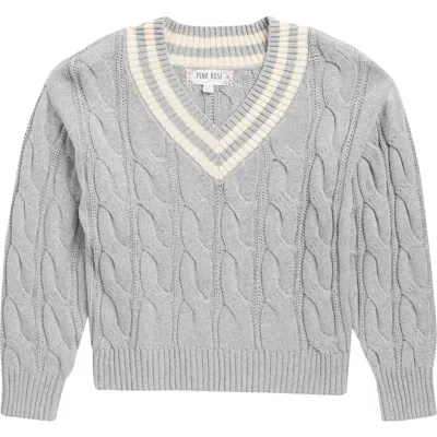 Pink Rose Kids' V-neck Cable Knit Sweater In Gray