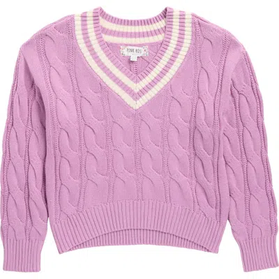 Pink Rose Kids' V-neck Cable Knit Sweater In Purple