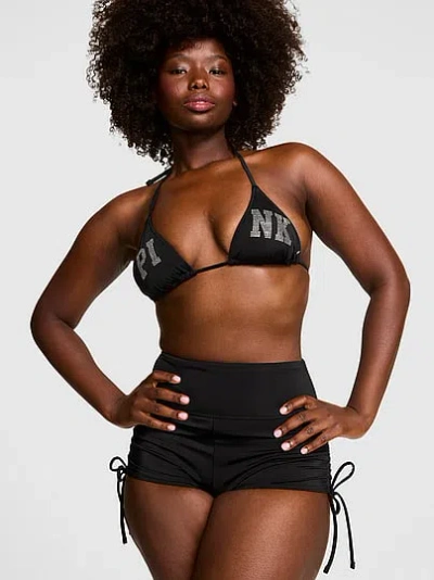 Pink Ruched High-waisted Shortie Bikini Bottom In Black