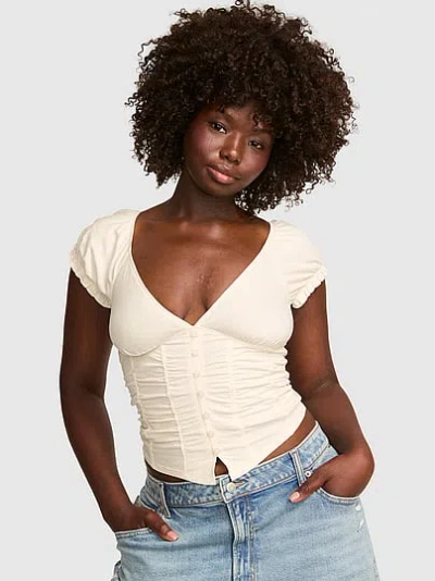 Pink Ruched Plunge Button-up Top In Neutral