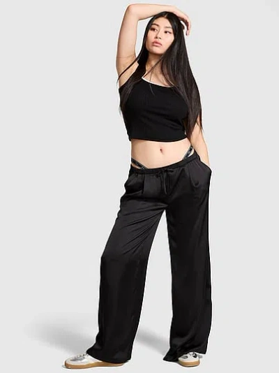 Pink Satin Pull-on Trouser Pants In Black