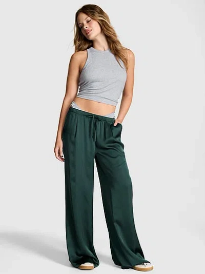 Pink Satin Pull-on Trouser Pants In Green