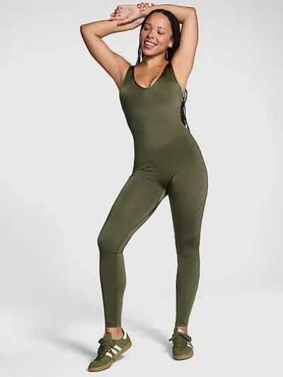 Pink Satin Seamless Plunge Workout Onesie In Green