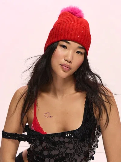 Pink Sequin Knit Beanie In Red