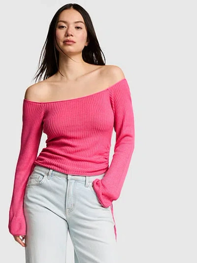Pink Side-ruched Off-the-shoulder Sweater In