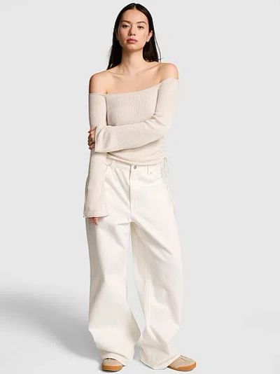 Pink Side-ruched Off-the-shoulder Sweater In White