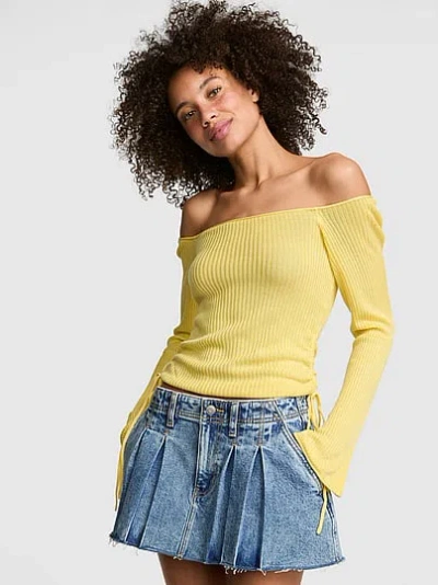 Pink Side-ruched Off-the-shoulder Sweater In Yellow