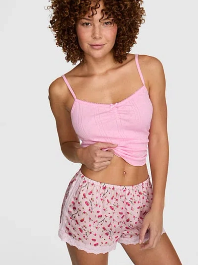Pink Silky Lace-trim Boxy Pajama Shorts In