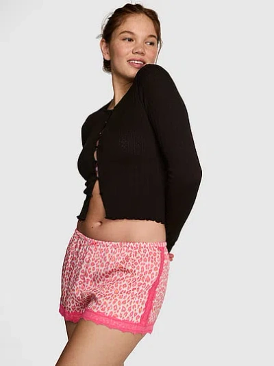 Pink Silky Lace-trim Boxy Pajama Shorts In Black