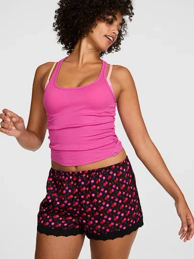 Pink Silky Lace-trim Boxy Pajama Shorts In