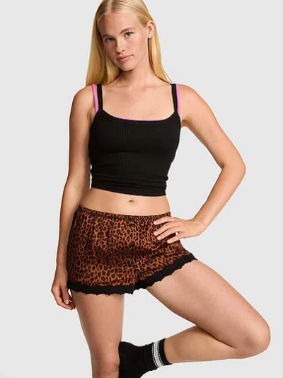 Pink Silky Lace-trim Boxy Pajama Shorts In Black