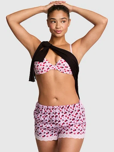 Pink Silky Lace-trim Boxy Pajama Shorts In Multi