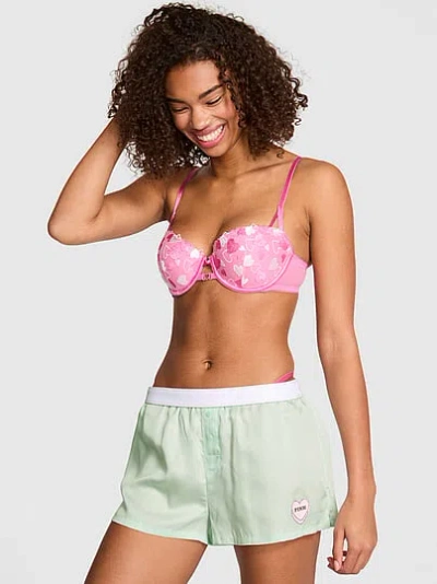 Pink Silky Sleep Boxy Pajama Shorts In Green