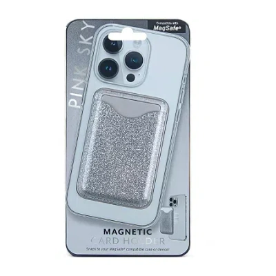 Pink Sky Glitter Magsafe Phone Wallet In Silver