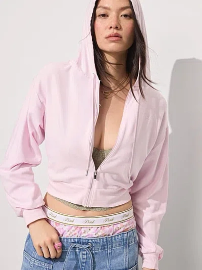 Pink Soft Modal Bubble-sleeve Full-zip Cropped Hoodie In