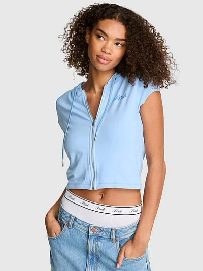 Pink Soft Modal Short-sleeve Full-zip Hoodie In Blue