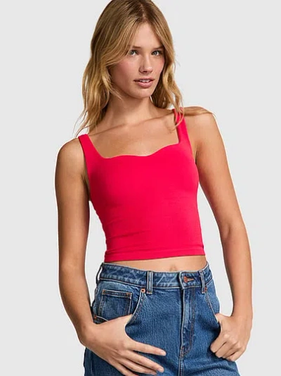Pink Soft Seamless Notched Tank Top In Red