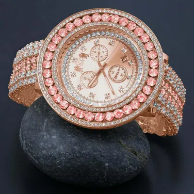 Pre-owned Pink Solitaire Roman Face Simulated Diamond 18k Rose Gold Tone W/date Watch