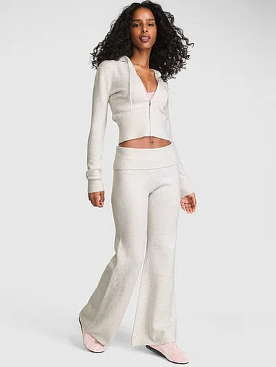 Pink Sweater Foldover Flare Pants In White