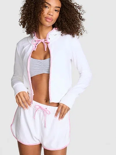 Pink Terry Full-zip Cover-up Hoodie In White