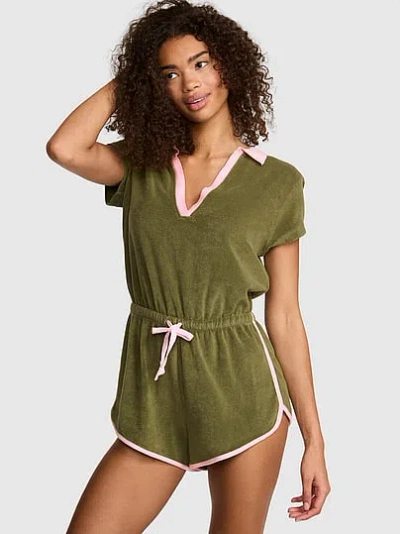 Pink Terry Henley Cover-up Onesie In Green
