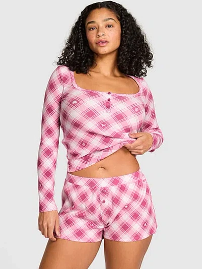 Pink Thermal Henley Pajama Shorts In Multi