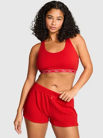 Pink Thermal Henley Pajama Shorts In Red