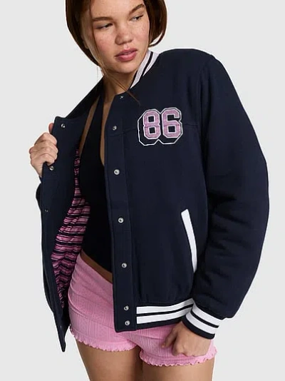 Pink Varsity Bomber Jacket In Blue