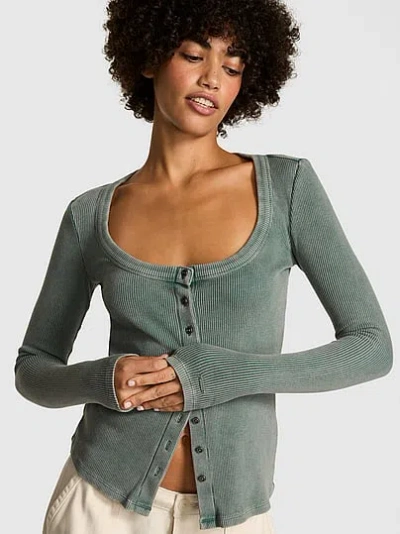 Pink Vintage Ribbed Button-down Long-sleeve Tee In Green