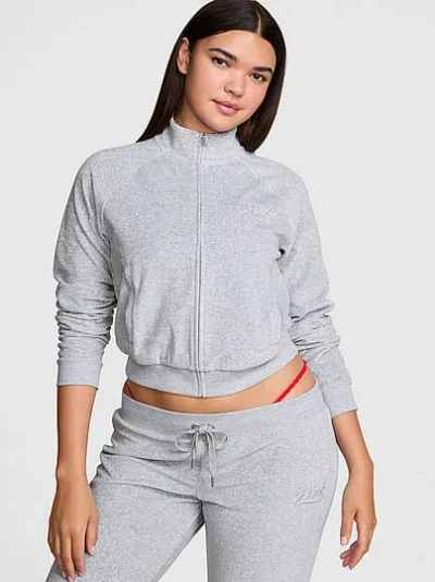 Pink Vintage Velour Mock-neck Full-zip Sweatshirt In Gray