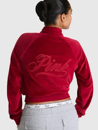 Pink Vintage Velour Mock-neck Full-zip Sweatshirt In Red