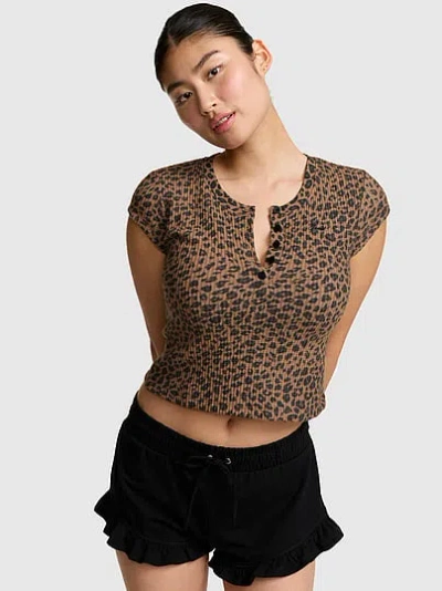 Pink Waffle Knit Henley Tee In Print