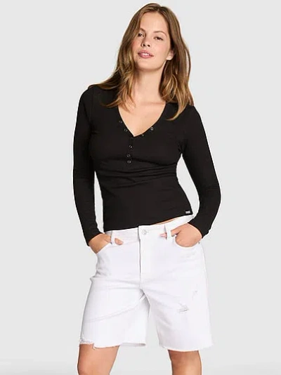 Pink Waffle Snap Long-sleeve Henley Top In Black