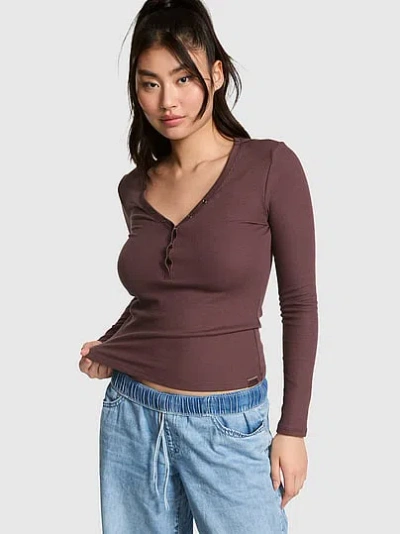 Pink Waffle Snap Long-sleeve Henley Top In Brown
