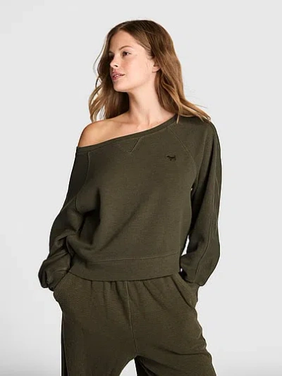 Pink Wondersoft Waffle-knit Off-the-shoulder Sweatshirt In Green