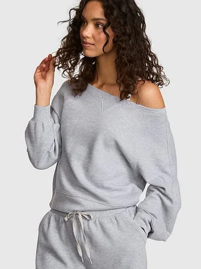Pink Wondersoft Waffle-knit Off-the-shoulder Sweatshirt In Gray