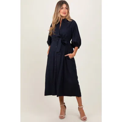 Pinkblush 3/4 Bubble Sleeve Midi Shirt Dress In Blue