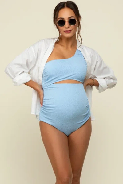 Pinkblush Asymmetrical One Shoulder Side Cutout One-piece Maternity Swimsuit In Blue
