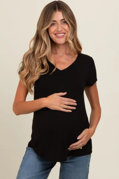 Pinkblush Basic V-neck Short Sleeve Top In Black