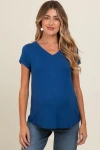 Pinkblush Basic V-neck Short Sleeve Top In Blue