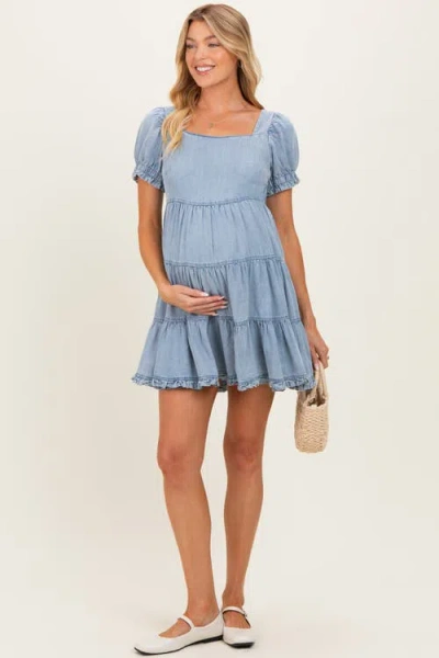 Pinkblush Blue Denim Washed Chambray Tiered Babydoll Mini Dress In Light Blue
