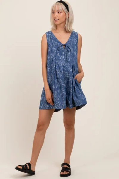Pinkblush Blue Floral Chambray Pleat Front Romper